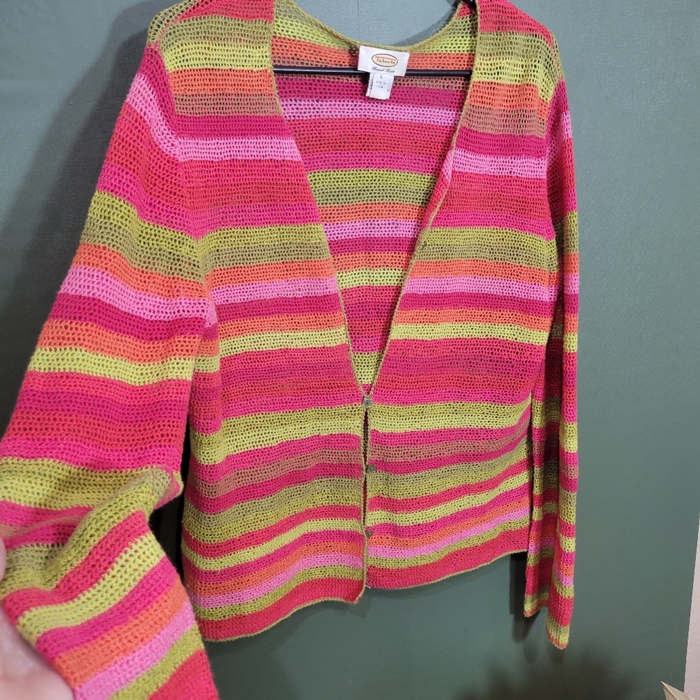 VINTAGE Y2K Size L Hand-Knit Striped Cardigan Sweater - Picture 2 of 7
